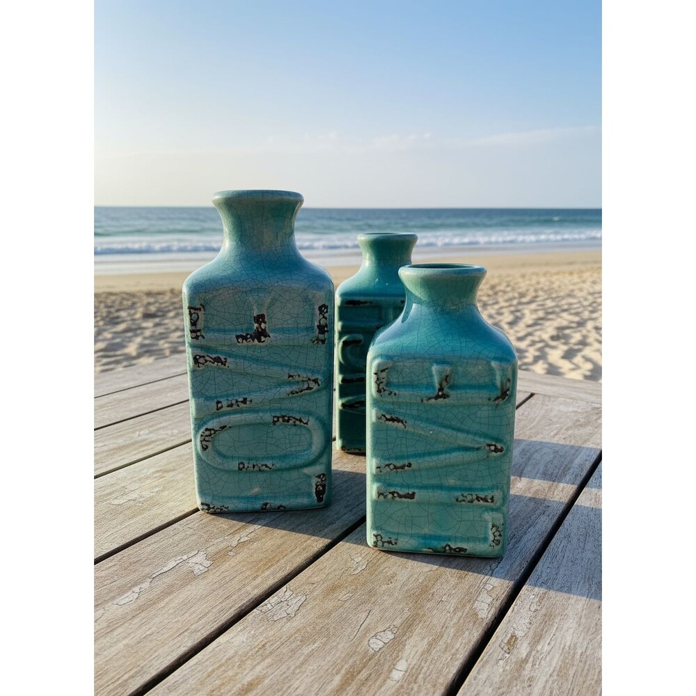 Ceramic Crackle Glaze Vase Turquoise Coastal Beach Motif Set Of 3  10" 8" 7"